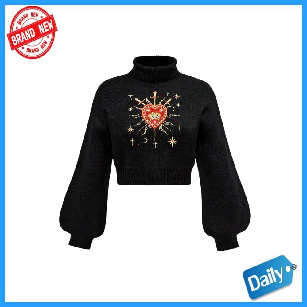 Lantern Sleeve High Neck Pullover Sweater Crop Top Heart Embroidery Knit